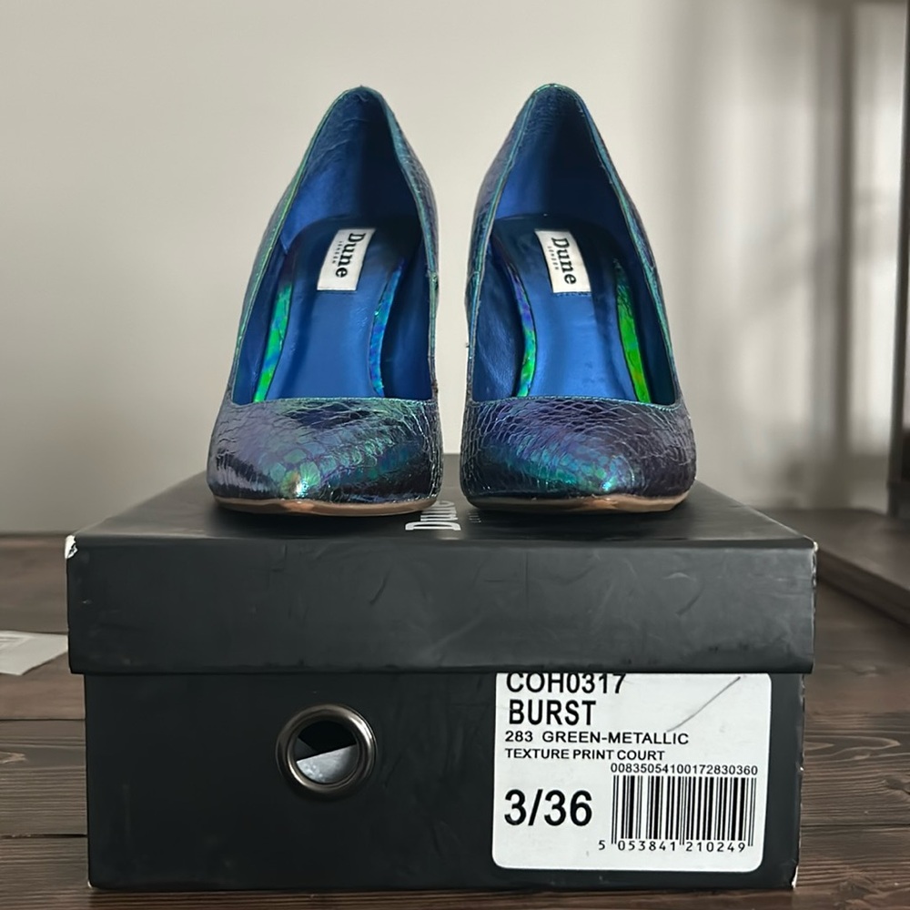Dune green metallic court shoes. Size 6, (UK 3). Used.